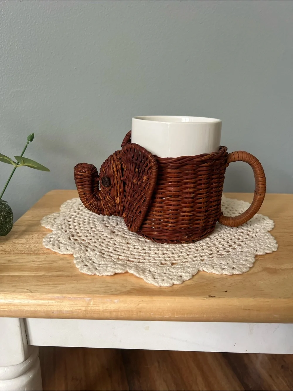 Vintage Handwoven Trunk Up Elephant Basket Planter Rich Brown Retro Wicker Boho